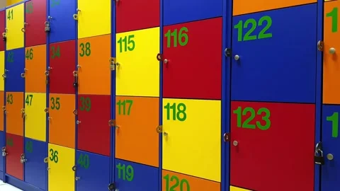 Multicolor school lockers, jump cut. Storage for things. Safety boxes Video stock 170456356