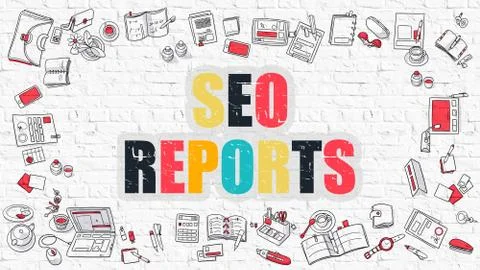 Multicolor SEO Reports on White Brickwall. Doodle Style Stock Illustration
