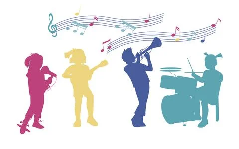 Multicolor silhouettes of Kids playing on different music instruments. イラスト素材