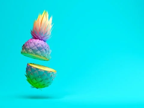 Multicolor slice pineapple on blue background 3D rendering 스톡 일러스트