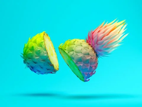 Multicolor slice pineapple on blue background 3D rendering 스톡 일러스트