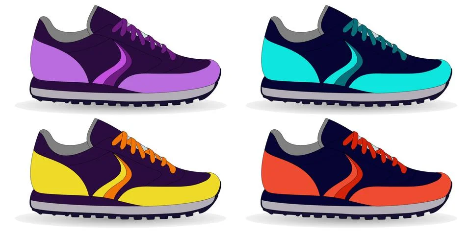 Multicolor sneaker shoes, set, vector illustration isolated. Stock Illustration