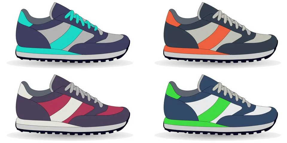 Multicolor sneaker shoes, set, vector illustration. Illustrazione stock