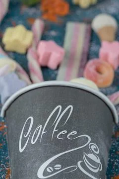 Multicolor soft marshmallows in a drink cup Stock Photos