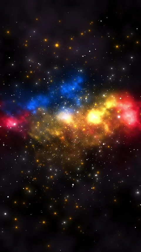 Multicolor space cloud background bright nebula glow, star particles, golden fla Stock Footage 340402442