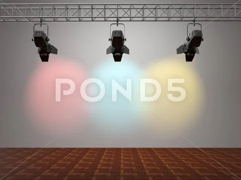 Multicolor spotlights illuminated wall. space for text Stock Illustration