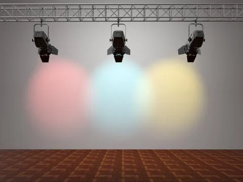 Multicolor spotlights illuminated wall. space for text イラスト素材