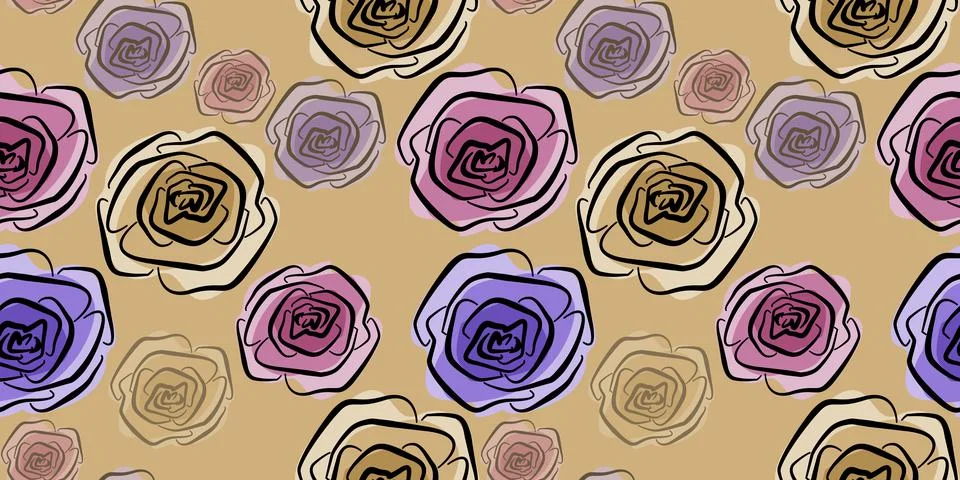 Multicolor Spring floral Seamless pattern violet, red and pink line art Rose Stock Illustration