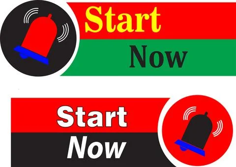 Multicolor start now button vector with circular alert icons for online ads Stock Illustration