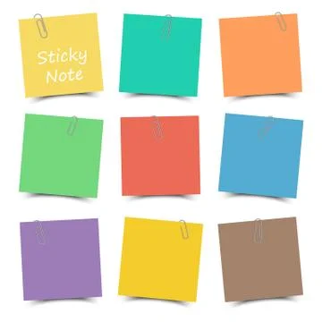 Multicolor sticky note with paper clip and shadow . Flat color . White isolat Stock Illustration