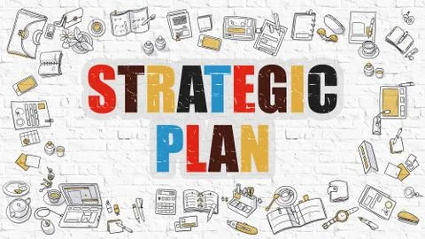 Multicolor Strategic Plan on White Brickwall. Doodle Style Stock Illustration