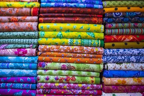 Multicolor textile printed fabrics pattern texture background wallpaper Stock Photos