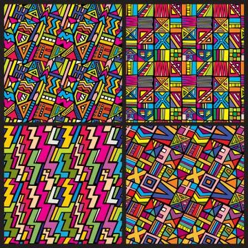 Multicolor tribal african seamless vector patterns set. Hippie clothes Stock Illustration