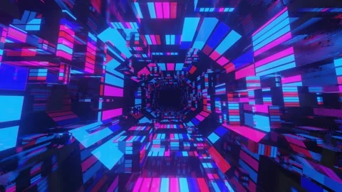Multicolor tunnel. Fly through mirror tunnel with neon pattern, glow lines form Stock Footage 281350293
