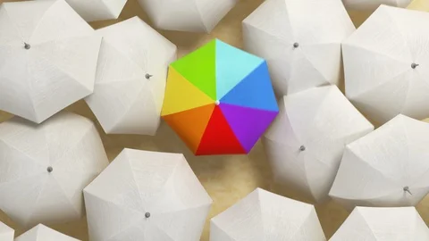 Multicolor Umbrella Wades Through a Flow of White Umbrellas Stock Footage 111764895