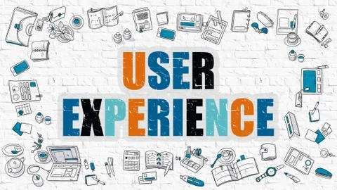 Multicolor User Experience on White Brickwall. Doodle Style Stock Illustration