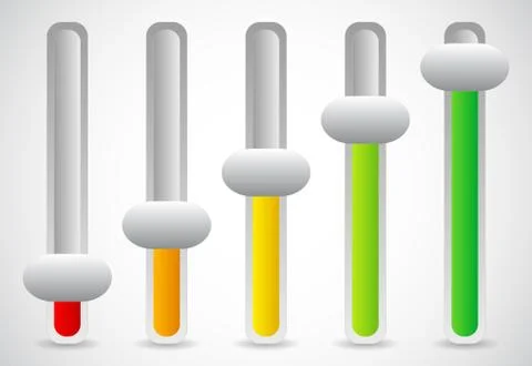 Multicolor vertical sliders, adjusters or faders. User inteface UI, GUI eleme Illustrazione stock