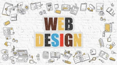 Multicolor Web Design on White Brickwall. Doodle Style Stock Illustration