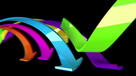 Multicolored 3D arrows move on black background, CG animation, seamless loop. Stock Footage 65002912