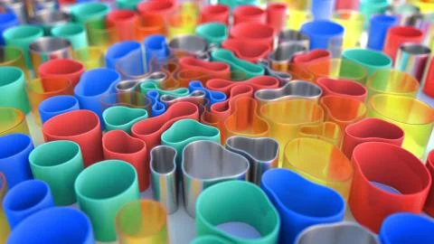 Multicolored 3D composition. Soft cylindrical tubes are drawn to the center Illustrazione stock