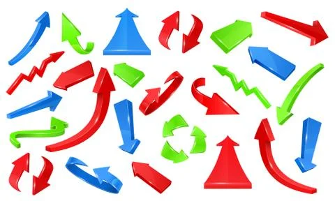 Multicolored 3d glossy arrows. Pointing signs vector set Stock Illustration