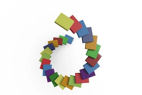 Multicolored 3D square blocks are forming circular ring and floating in white Stock Illustration