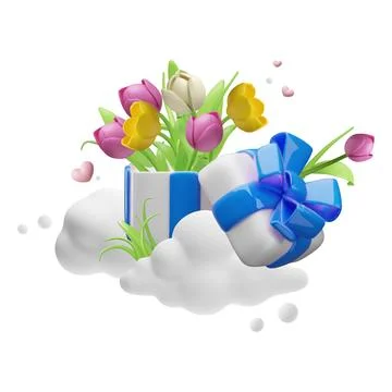 Multicolored 3D tulips in a gift box with an open lid and a blue bow, floating Stock Illustration