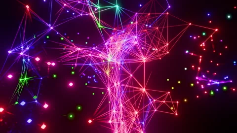 Multicolored abstract plexus of moving glowing dots and lines on black Video stock 342579156