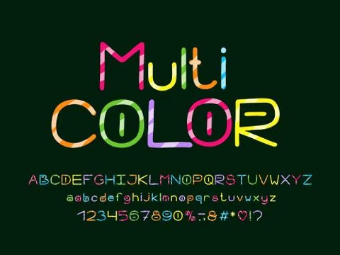Multicolored Alphabet with diagonal decorative lines. Vector letters, numbers Stock Illustration