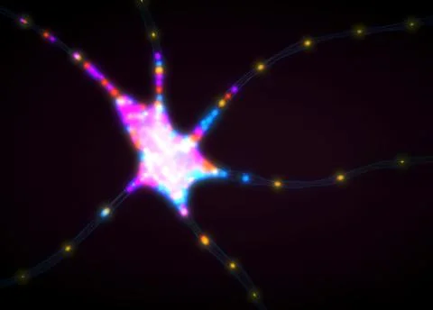 Multicolored and transmitting single nerve cell or neuron - 3d illustration Stock Illustration