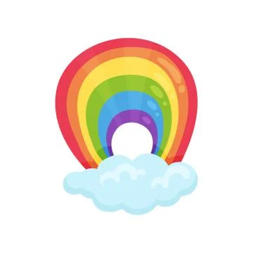 Multicolored arched rainbow and blue fluffy cloud. Flat vector element for イラスト素材