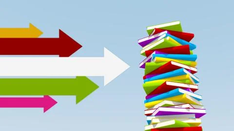 Multicolored arrows pointing towards stack of books Stock Illustration