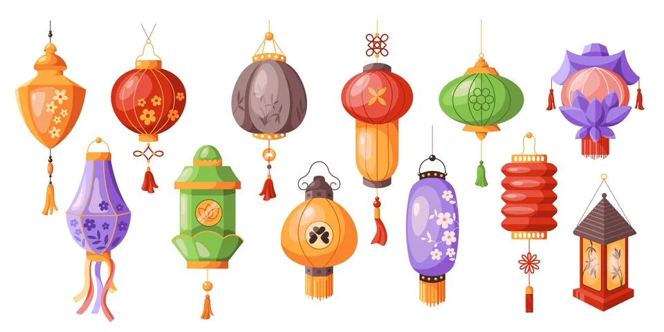 Multicolored Asian lanterns decor flat color vector objects Stock Illustration