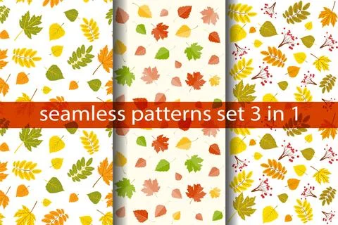 Multicolored autumn leaves seamless patterns, set of autumn maple and birch Stock Illustration