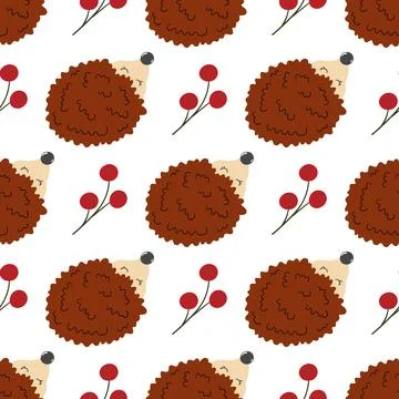 Multicolored autumn seamless pattern with berries. Autumn and cute hedgehogs. Ilustración de archivo
