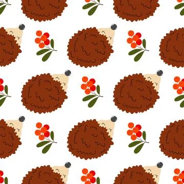 Multicolored autumn seamless pattern with berries. Autumn and cute hedgehogs Ilustración de archivo