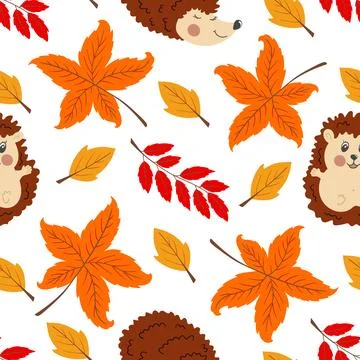 Multicolored autumn seamless pattern with berries. Autumn leaves and cute hed Ilustración de archivo
