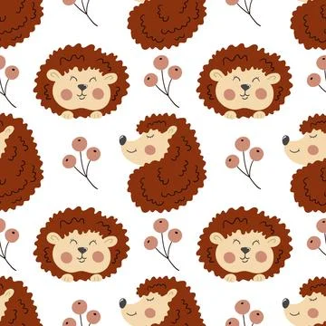 Multicolored autumn seamless pattern with berries. Autumn leaves and cute hed Ilustración de archivo