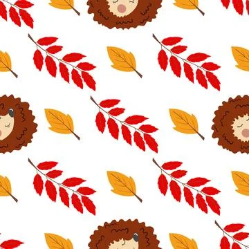 Multicolored autumn seamless pattern with berries. Autumn leaves and cute hed Ilustración de archivo