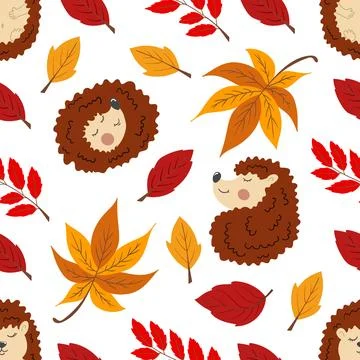 Multicolored autumn seamless pattern with berries. Autumn leaves and cute hed Ilustración de archivo