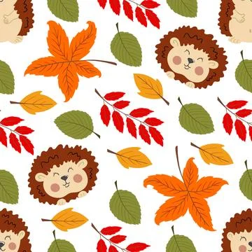Multicolored autumn seamless pattern with berries. Autumn leaves and cute hed Ilustración de archivo