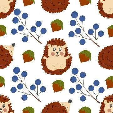 Multicolored autumn seamless pattern with berries. Autumn leaves and cute hed Ilustración de archivo