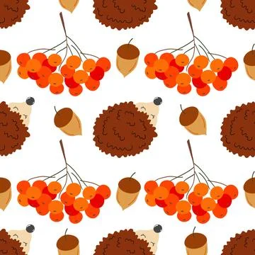 Multicolored autumn seamless pattern with berries. Autumn leaves and cute hed Ilustración de archivo