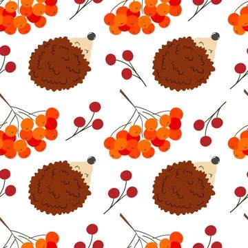 Multicolored autumn seamless pattern with berries. Autumn leaves and cute hed Ilustración de archivo