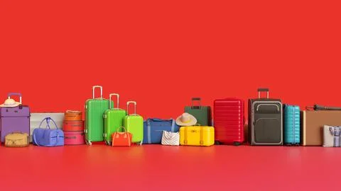 Multicolored baggage in a row on red background. Travel colorful luggage idea Stock Photos