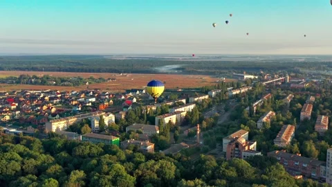 Multicolored balloons fly over trees. Video stock 210535978