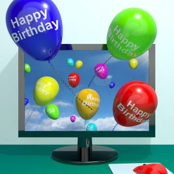 Multicolored balloons greeting from computer celebrating a happy birthday Stockillustratie