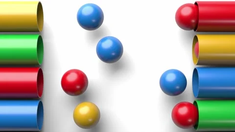 Multicolored balls moving through pipes on a white background Stock Footage 325796967