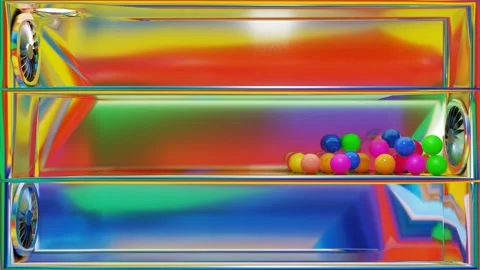 Multicolored balls roll under the wind inside a silver box with shelves. 3d rend Stock Footage 312736067