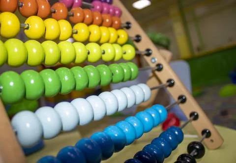 Multicolored Bill Counters, Educational Wooden Rainbow Game Closeup. Health.. 写真素材